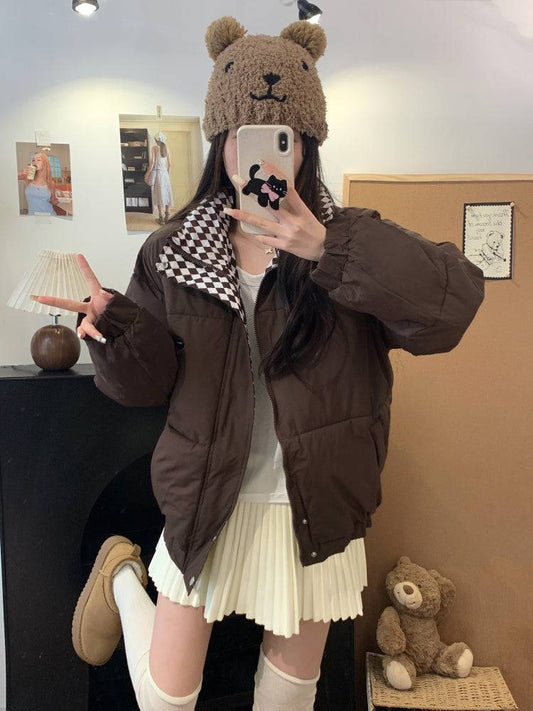 BF-style short winter padded jacket, cotton coat with stand collar for girls, sweet oversized puffer coat, 2025 trendy winter jacket for women, OOTDAY winter outerwear