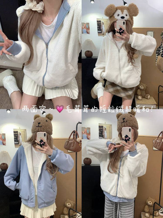 reversible lambswool hoodie jacket for women, fleece zip-up coat with hood, Korean sweet style winter jacket, thick plush knit cardigan, OOTDAY 2025 outerwear