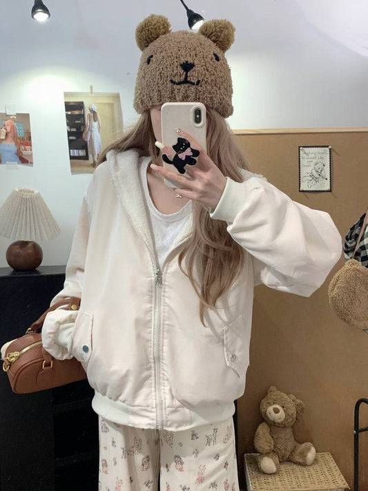 reversible lambswool hoodie jacket for women, fleece zip-up coat with hood, Korean sweet style winter jacket, thick plush knit cardigan, OOTDAY 2025 outerwear
