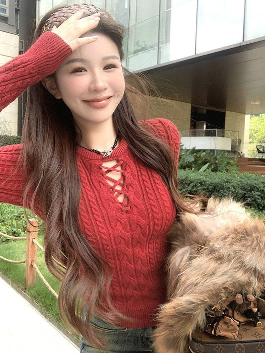 slim fit vintage knit sweater for women, lace-up knit pullover top, spring sweater top for girls, sweet Korean style knitwear, OOTDAY 2025 collection
