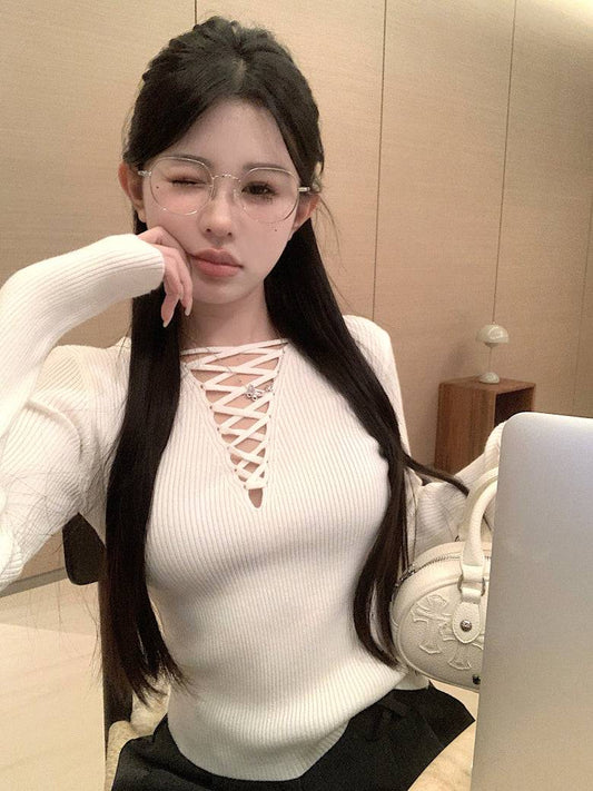 tie-front knit top, sexy slim fit spring sweater, sweet girl long sleeve knitwear, OOTDAY knit pullover, stylish acetate knit top