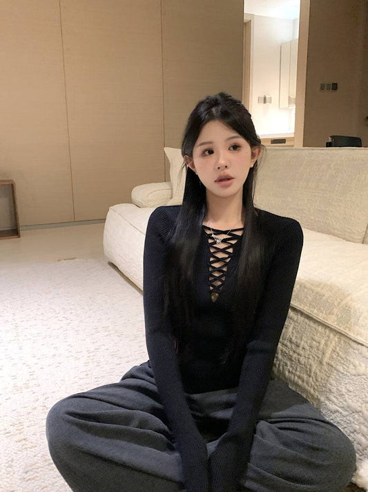 tie-front knit top, sexy slim fit spring sweater, sweet girl long sleeve knitwear, OOTDAY knit pullover, stylish acetate knit top