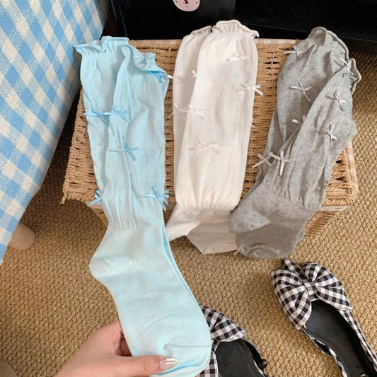 ballet style bow socks, sweet ruched socks for girls, leg shaping mid-calf socks, OOTDAY feminine socks set, 3 pack summer socks