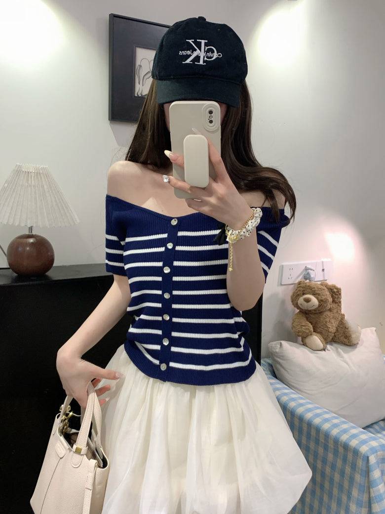 striped v-neck knit tee, button up short sleeve top, sweet cropped summer shirt, OOTDAY striped knitwear, slim-fit cute tee for girls