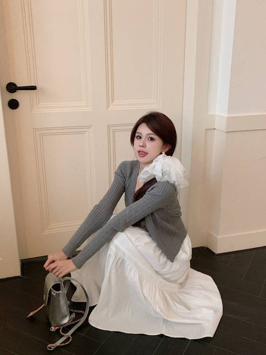 Korean knit camisole cardigan and maxi skirt set, 3-piece summer outfit for women, sweet halter knit top with flowy skirt, OOTDAY summer fashion set