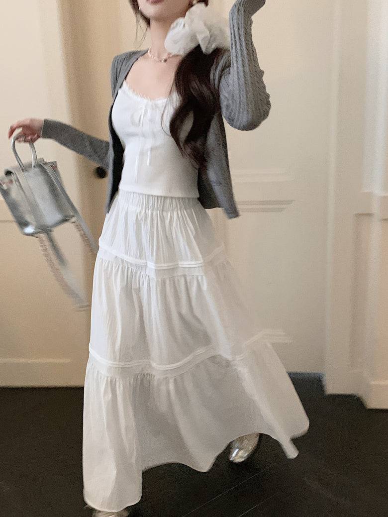 Korean knit camisole cardigan and maxi skirt set, 3-piece summer outfit for women, sweet halter knit top with flowy skirt, OOTDAY summer fashion set