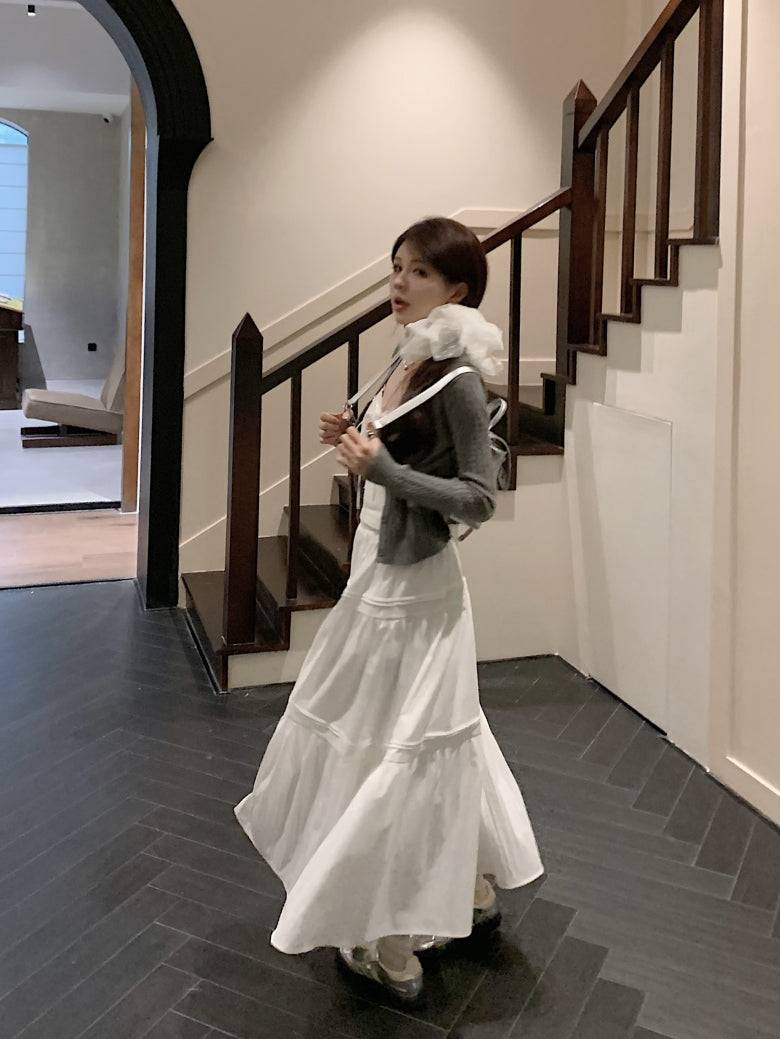 Korean knit camisole cardigan and maxi skirt set, 3-piece summer outfit for women, sweet halter knit top with flowy skirt, OOTDAY summer fashion set