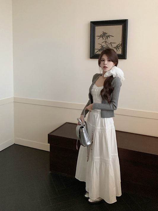 Korean knit camisole cardigan and maxi skirt set, 3-piece summer outfit for women, sweet halter knit top with flowy skirt, OOTDAY summer fashion set