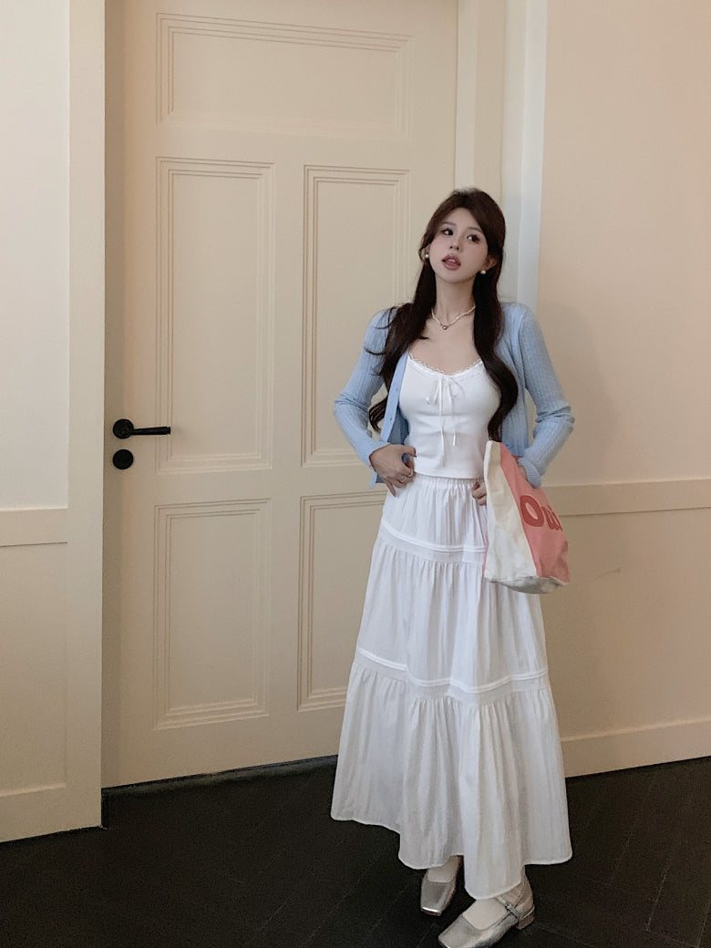 Korean knit camisole cardigan and maxi skirt set, 3-piece summer outfit for women, sweet halter knit top with flowy skirt, OOTDAY summer fashion set