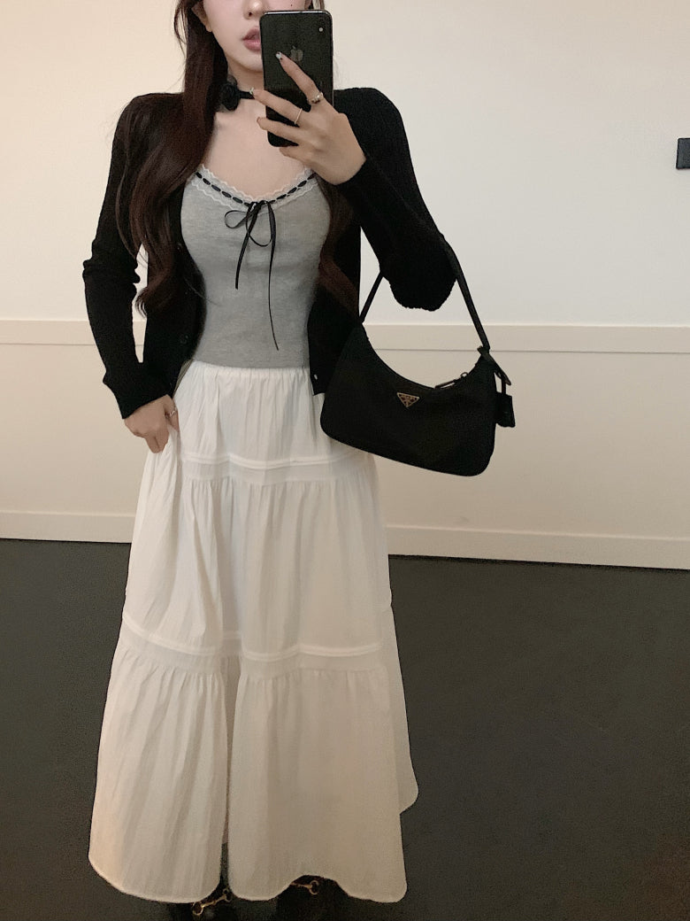 Korean knit camisole cardigan and maxi skirt set, 3-piece summer outfit for women, sweet halter knit top with flowy skirt, OOTDAY summer fashion set