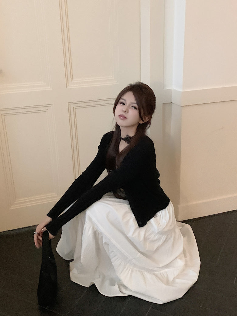 Korean knit camisole cardigan and maxi skirt set, 3-piece summer outfit for women, sweet halter knit top with flowy skirt, OOTDAY summer fashion set