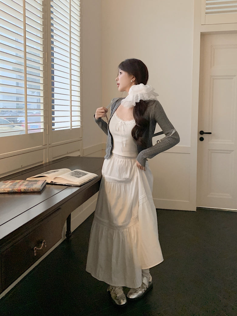 Korean knit camisole cardigan and maxi skirt set, 3-piece summer outfit for women, sweet halter knit top with flowy skirt, OOTDAY summer fashion set