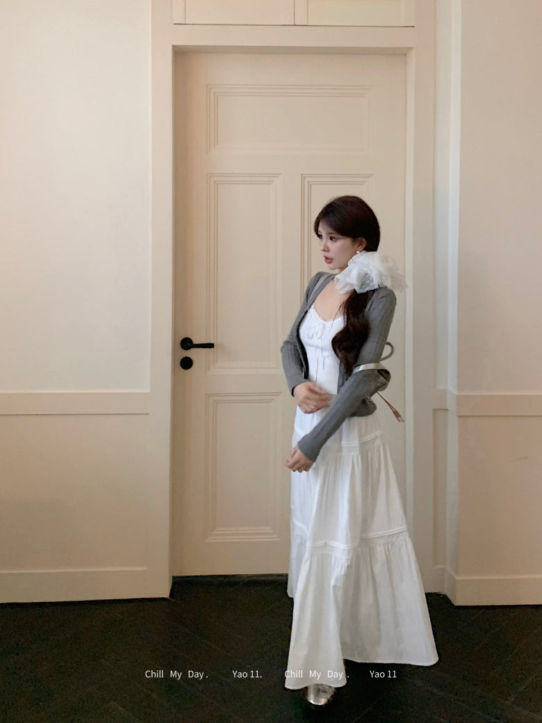 Korean knit camisole cardigan and maxi skirt set, 3-piece summer outfit for women, sweet halter knit top with flowy skirt, OOTDAY summer fashion set