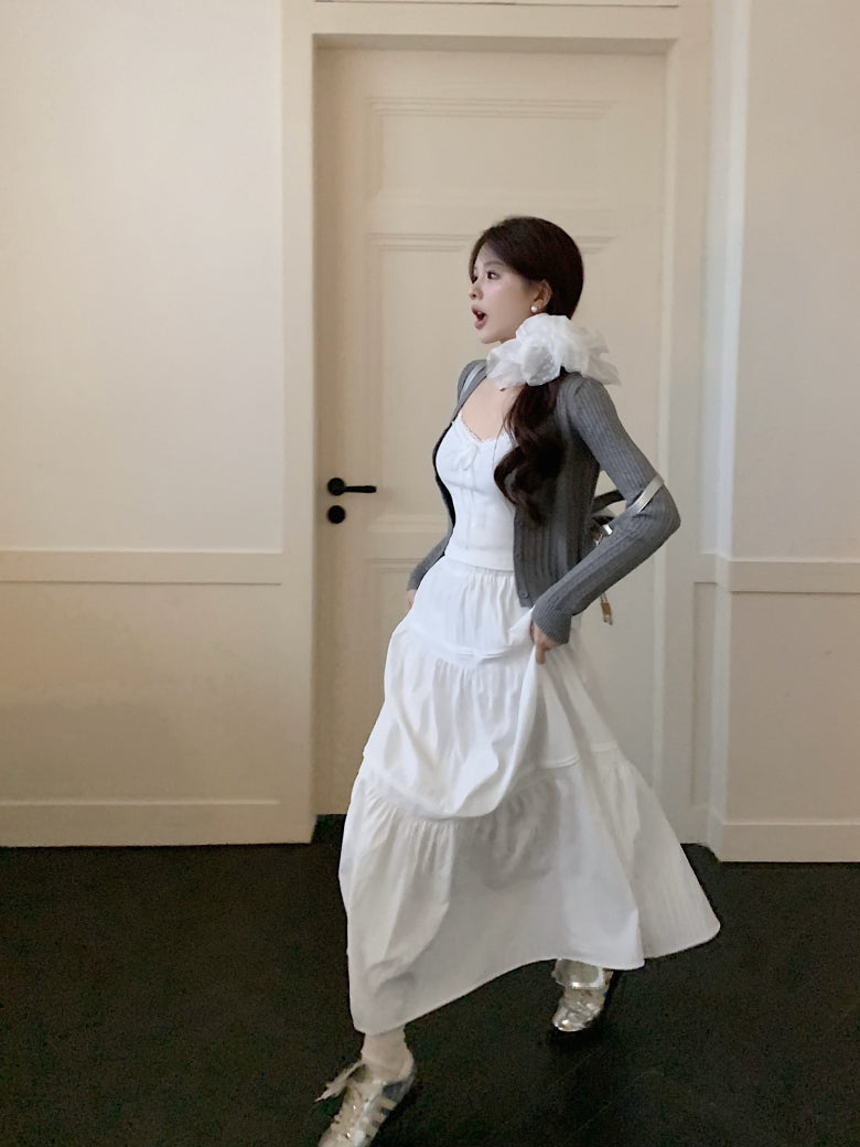 Korean knit camisole cardigan and maxi skirt set, 3-piece summer outfit for women, sweet halter knit top with flowy skirt, OOTDAY summer fashion set