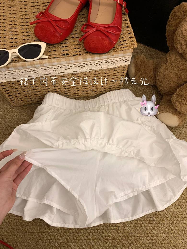 OOTDAY layered mini skirt, high-waisted tiered skirt, French sweet girl skirt, white summer ruffle skirt, Japanese style A-line cake skirt