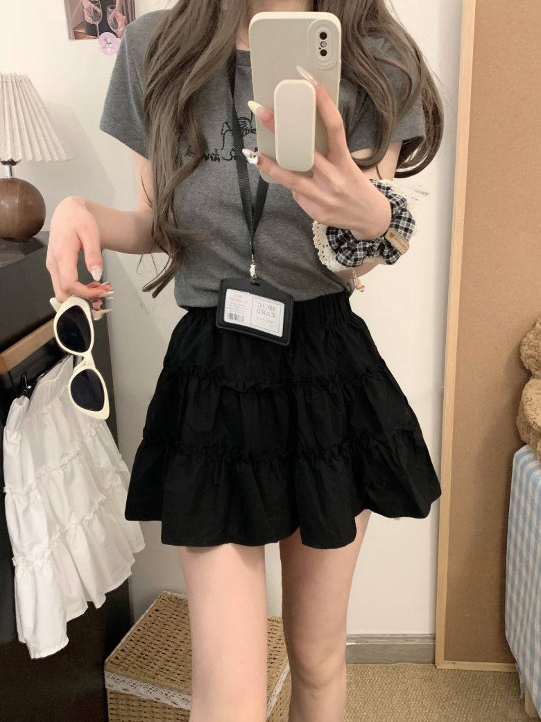 OOTDAY layered mini skirt, high-waisted tiered skirt, French sweet girl skirt, white summer ruffle skirt, Japanese style A-line cake skirt