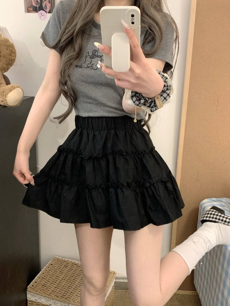 OOTDAY layered mini skirt, high-waisted tiered skirt, French sweet girl skirt, white summer ruffle skirt, Japanese style A-line cake skirt