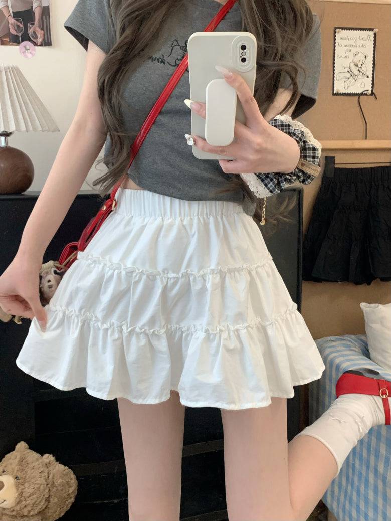 OOTDAY layered mini skirt, high-waisted tiered skirt, French sweet girl skirt, white summer ruffle skirt, Japanese style A-line cake skirt