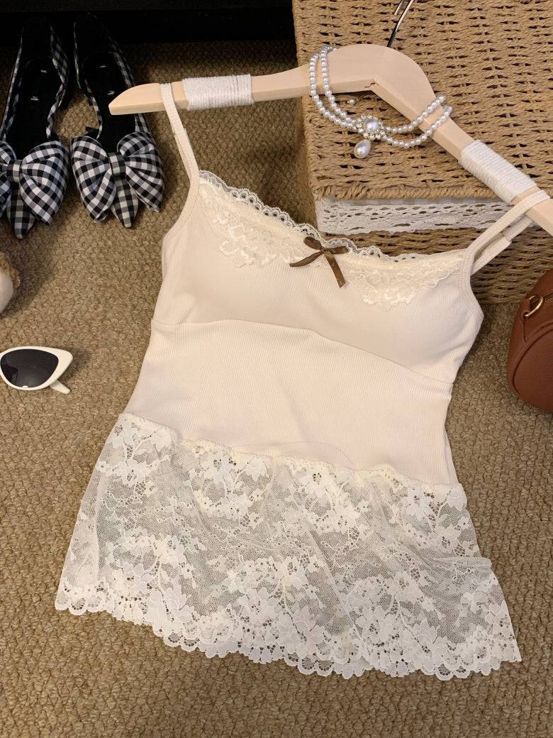 OOTDAY lace camisole with bra pads, sweet sultry tank top, white lace trim vest for girls, built-in bra summer layering piece, Korean sweet girl camisole