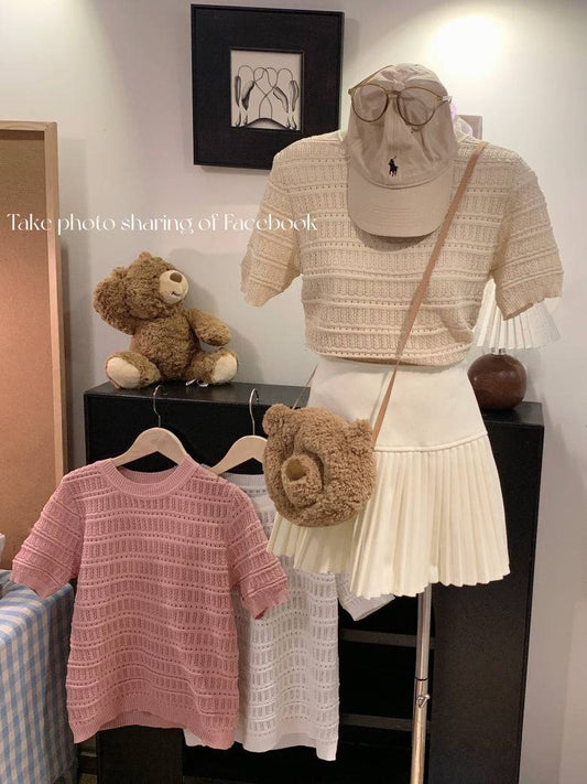 OOTDAY sweet knit summer top, hollow-out button detail tee, pink lace knit blouse for girls, slim fit acetate knit shirt, Korean soft girl summer outfit
