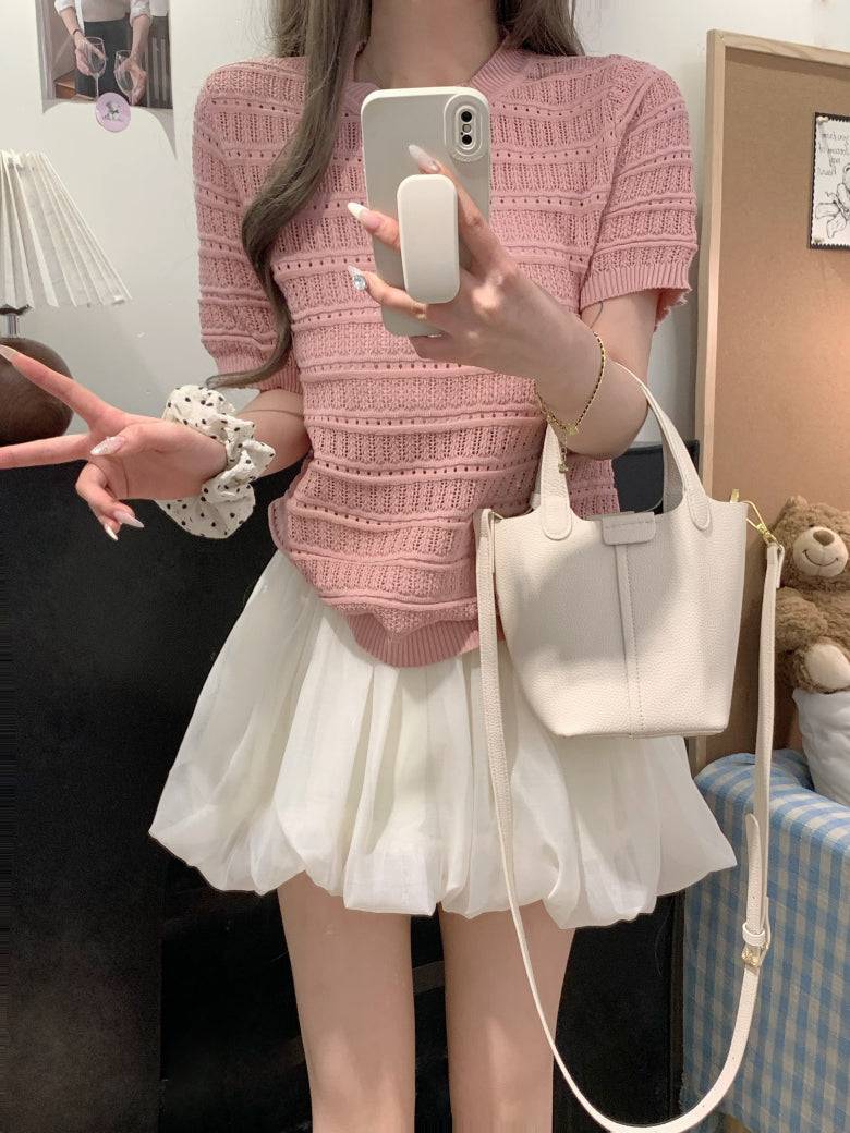 OOTDAY sweet knit summer top, hollow-out button detail tee, pink lace knit blouse for girls, slim fit acetate knit shirt, Korean soft girl summer outfit