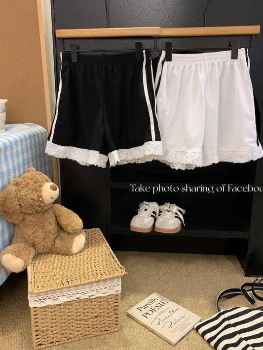 OOTDAY lace trim shorts, sweet sporty wide-leg shorts, preppy lounge shorts for girls, high-waisted summer casual shorts, Korean style lace hem shorts