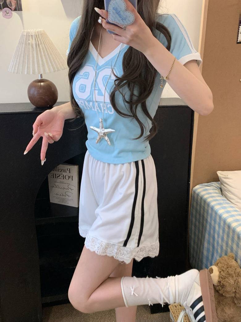 OOTDAY lace trim shorts, sweet sporty wide-leg shorts, preppy lounge shorts for girls, high-waisted summer casual shorts, Korean style lace hem shorts