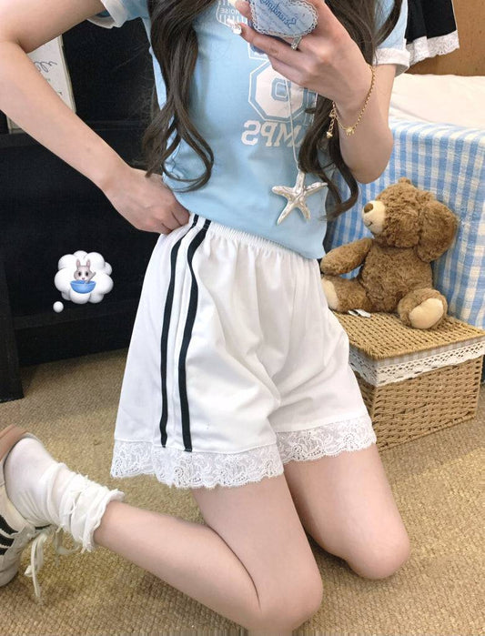 OOTDAY lace trim shorts, sweet sporty wide-leg shorts, preppy lounge shorts for girls, high-waisted summer casual shorts, Korean style lace hem shorts