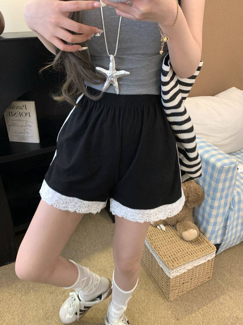 OOTDAY lace trim shorts, sweet sporty wide-leg shorts, preppy lounge shorts for girls, high-waisted summer casual shorts, Korean style lace hem shorts