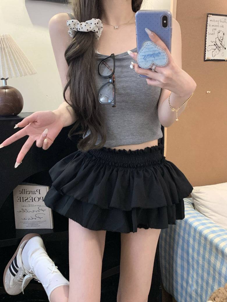 OOTDAY ruffle cake skirt, balletcore high-waist mini skirt, Japanese sweet style tiered skirt, black and white flared summer skirt, aesthetic puff short skirt for girls
