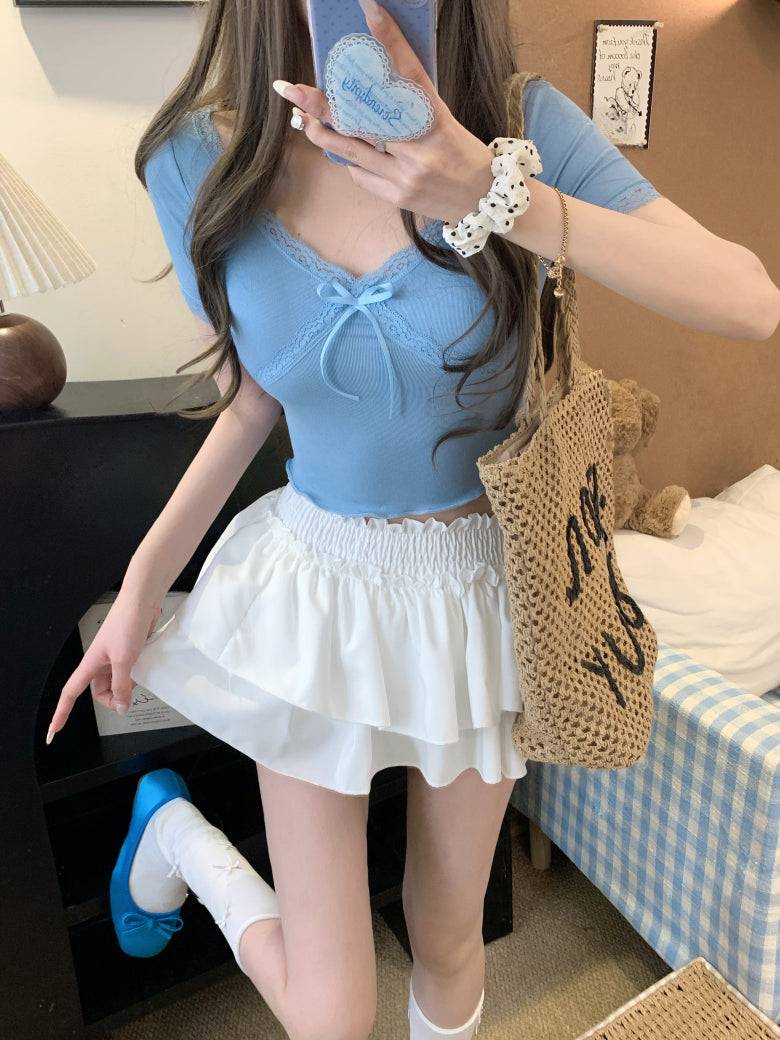 OOTDAY ruffle cake skirt, balletcore high-waist mini skirt, Japanese sweet style tiered skirt, black and white flared summer skirt, aesthetic puff short skirt for girls