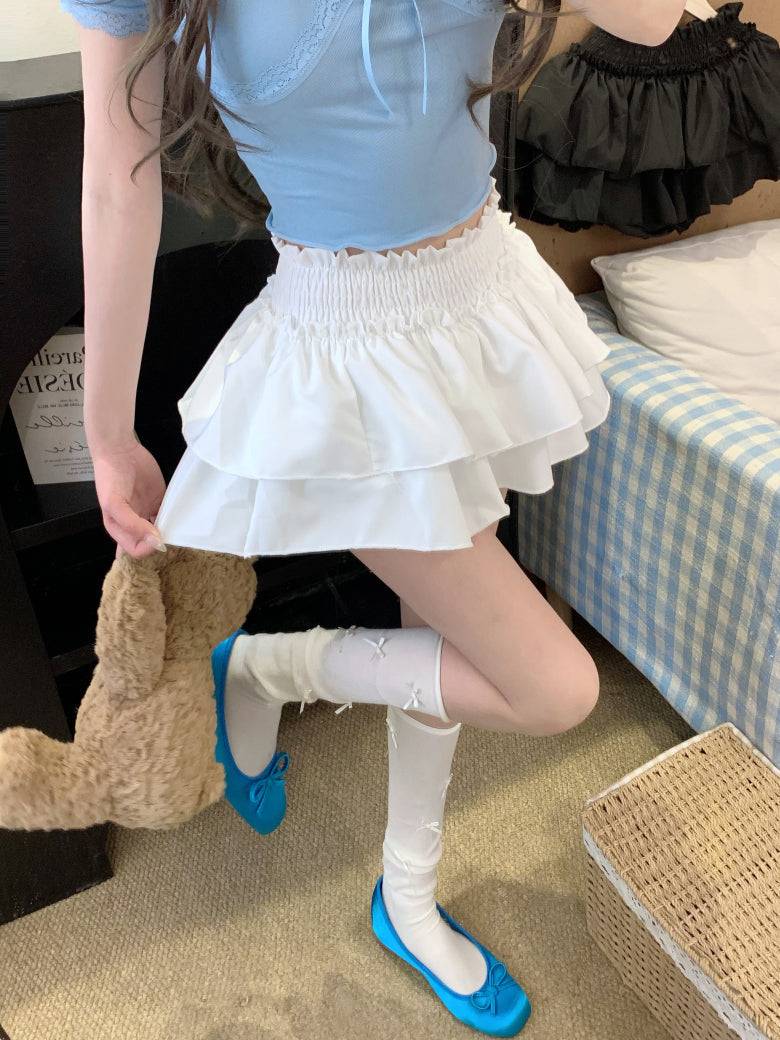 OOTDAY ruffle cake skirt, balletcore high-waist mini skirt, Japanese sweet style tiered skirt, black and white flared summer skirt, aesthetic puff short skirt for girls