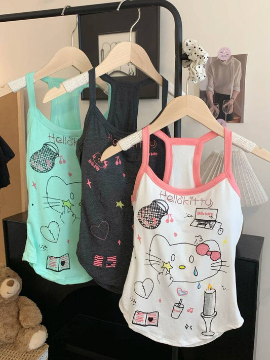 OOTDAY graffiti print camisole, Y2K hand-drawn tank top for women, American baddie summer vest, green and white fitted crop top, streetwear aesthetic camisole for girls