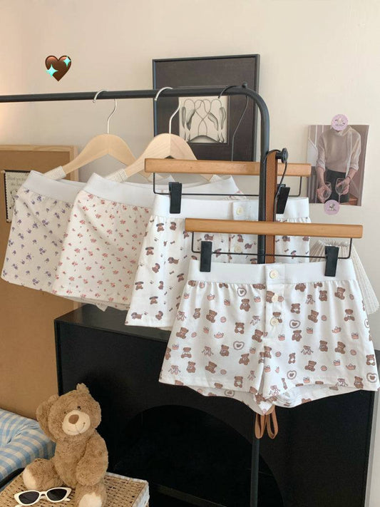 OOTDAY floral print cotton shorts for women, cute bear and puppy print lounge shorts, Korean elastic waist summer sleep shorts, comfy woven cotton hot pants for girls