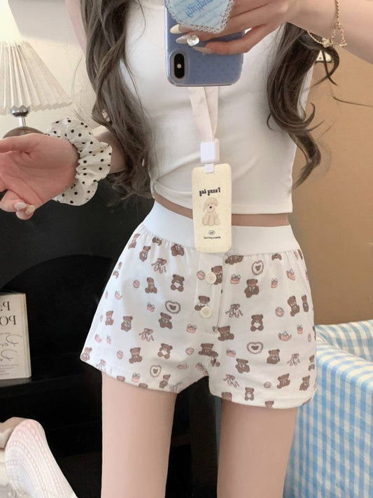 OOTDAY floral print cotton shorts for women, cute bear and puppy print lounge shorts, Korean elastic waist summer sleep shorts, comfy woven cotton hot pants for girls