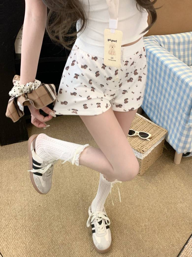 OOTDAY floral print cotton shorts for women, cute bear and puppy print lounge shorts, Korean elastic waist summer sleep shorts, comfy woven cotton hot pants for girls