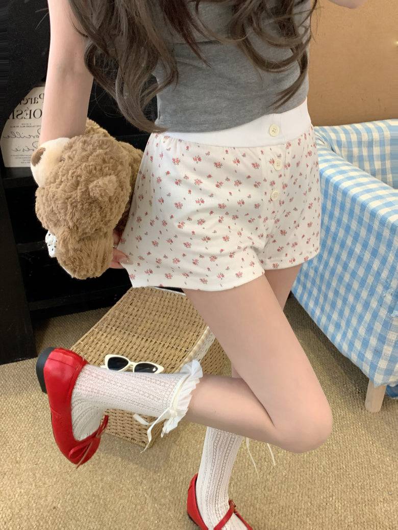 OOTDAY floral print cotton shorts for women, cute bear and puppy print lounge shorts, Korean elastic waist summer sleep shorts, comfy woven cotton hot pants for girls