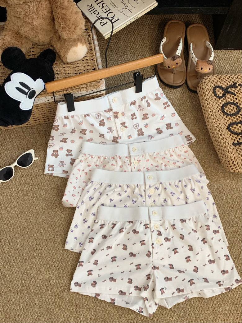 OOTDAY floral print cotton shorts for women, cute bear and puppy print lounge shorts, Korean elastic waist summer sleep shorts, comfy woven cotton hot pants for girls