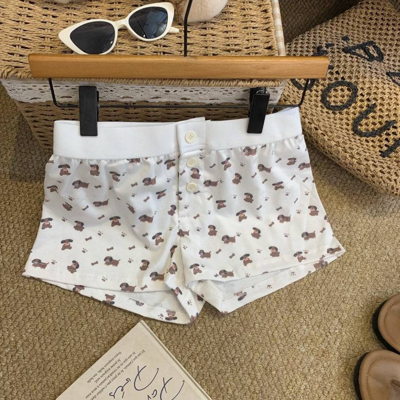 OOTDAY floral print cotton shorts for women, cute bear and puppy print lounge shorts, Korean elastic waist summer sleep shorts, comfy woven cotton hot pants for girls