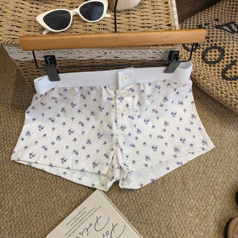 OOTDAY floral print cotton shorts for women, cute bear and puppy print lounge shorts, Korean elastic waist summer sleep shorts, comfy woven cotton hot pants for girls