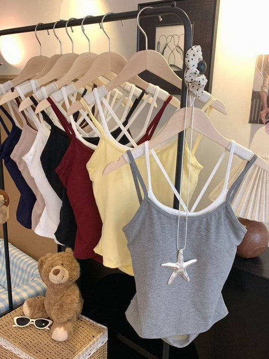 OOTDAY contrast trim camisole with built-in bra, two-piece look summer tank top, backless crop cami for girls, Korean slim fit layering top, red white black khaki camisole top