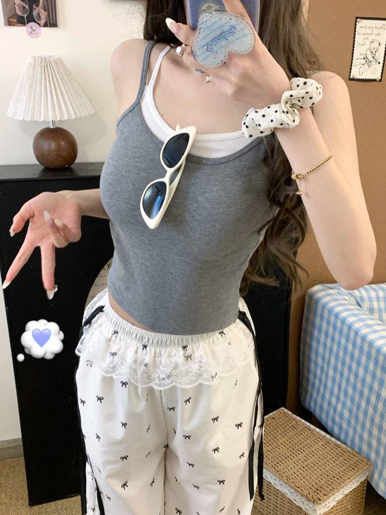 OOTDAY contrast trim camisole with built-in bra, two-piece look summer tank top, backless crop cami for girls, Korean slim fit layering top, red white black khaki camisole top