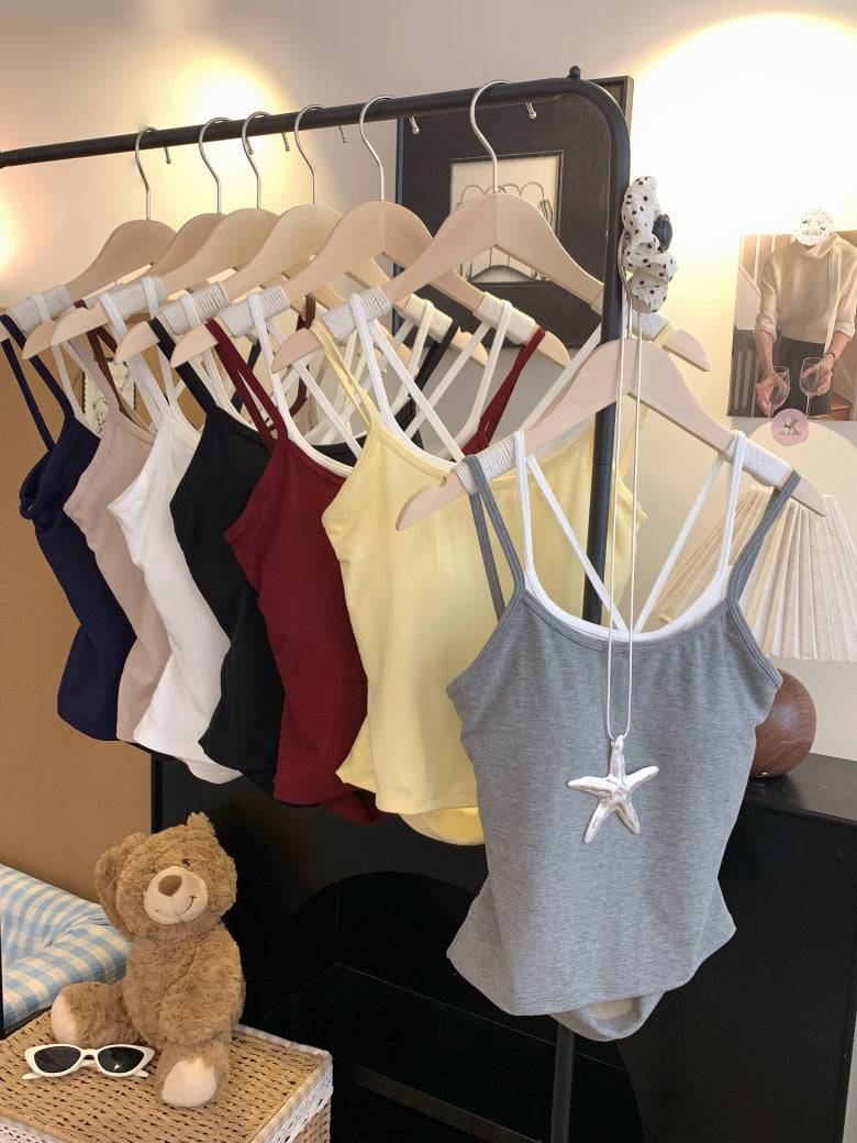 OOTDAY contrast trim camisole with built-in bra, two-piece look summer tank top, backless crop cami for girls, Korean slim fit layering top, red white black khaki camisole top