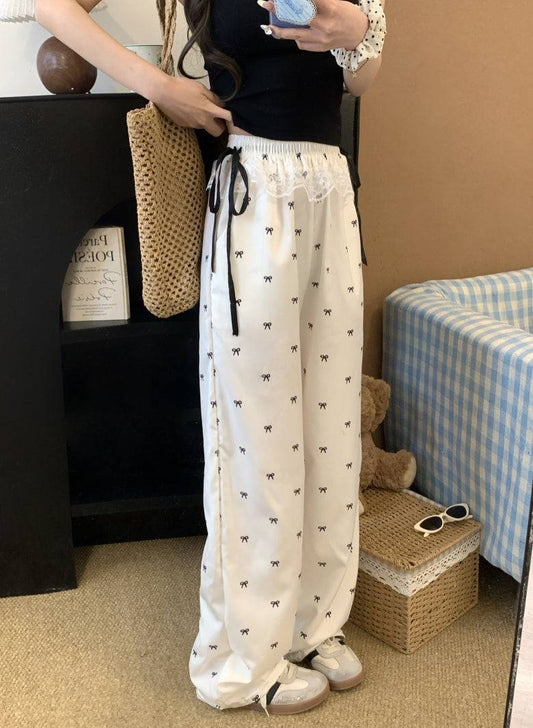 OOTDAY cotton wide-leg summer pants, black and white flowy trousers, high-waisted minimalist pants for women, Korean style comfy pants