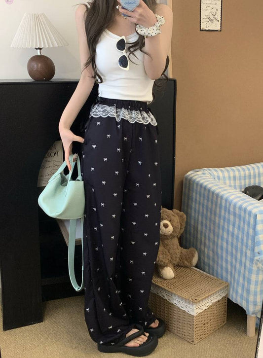 OOTDAY cotton wide-leg summer pants, black and white flowy trousers, high-waisted minimalist pants for women, Korean style comfy pants