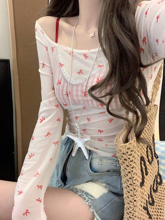 Long sleeve bow print slim fit tee – lightweight dopamine summer knit top by OOTDAY