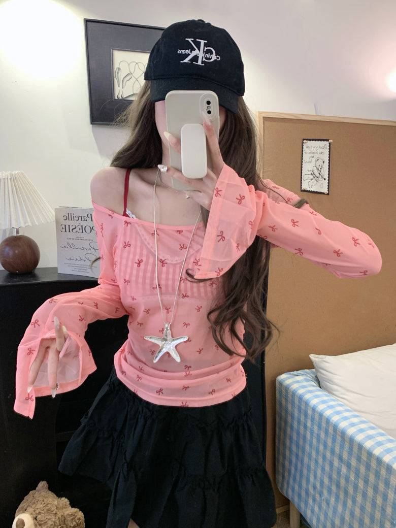 Long sleeve bow print slim fit tee – lightweight dopamine summer knit top by OOTDAY