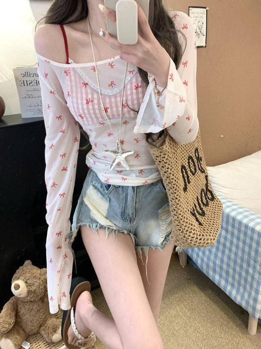 Long sleeve bow print slim fit tee – lightweight dopamine summer knit top by OOTDAY