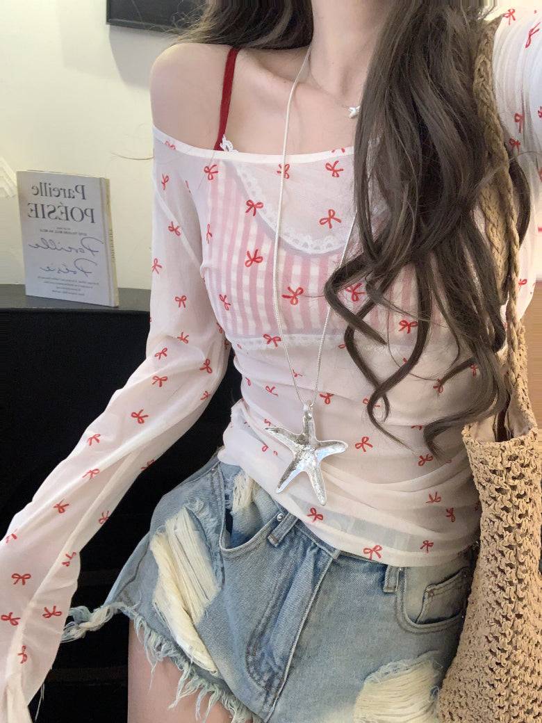 Long sleeve bow print slim fit tee – lightweight dopamine summer knit top by OOTDAY