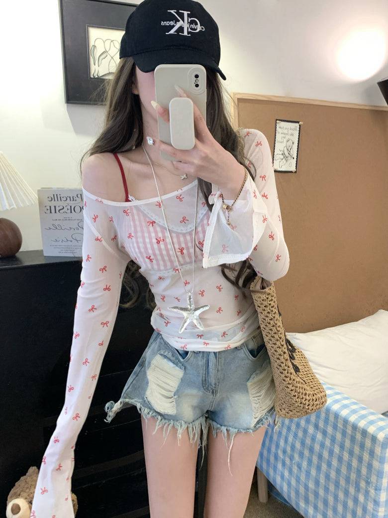 Long sleeve bow print slim fit tee – lightweight dopamine summer knit top by OOTDAY